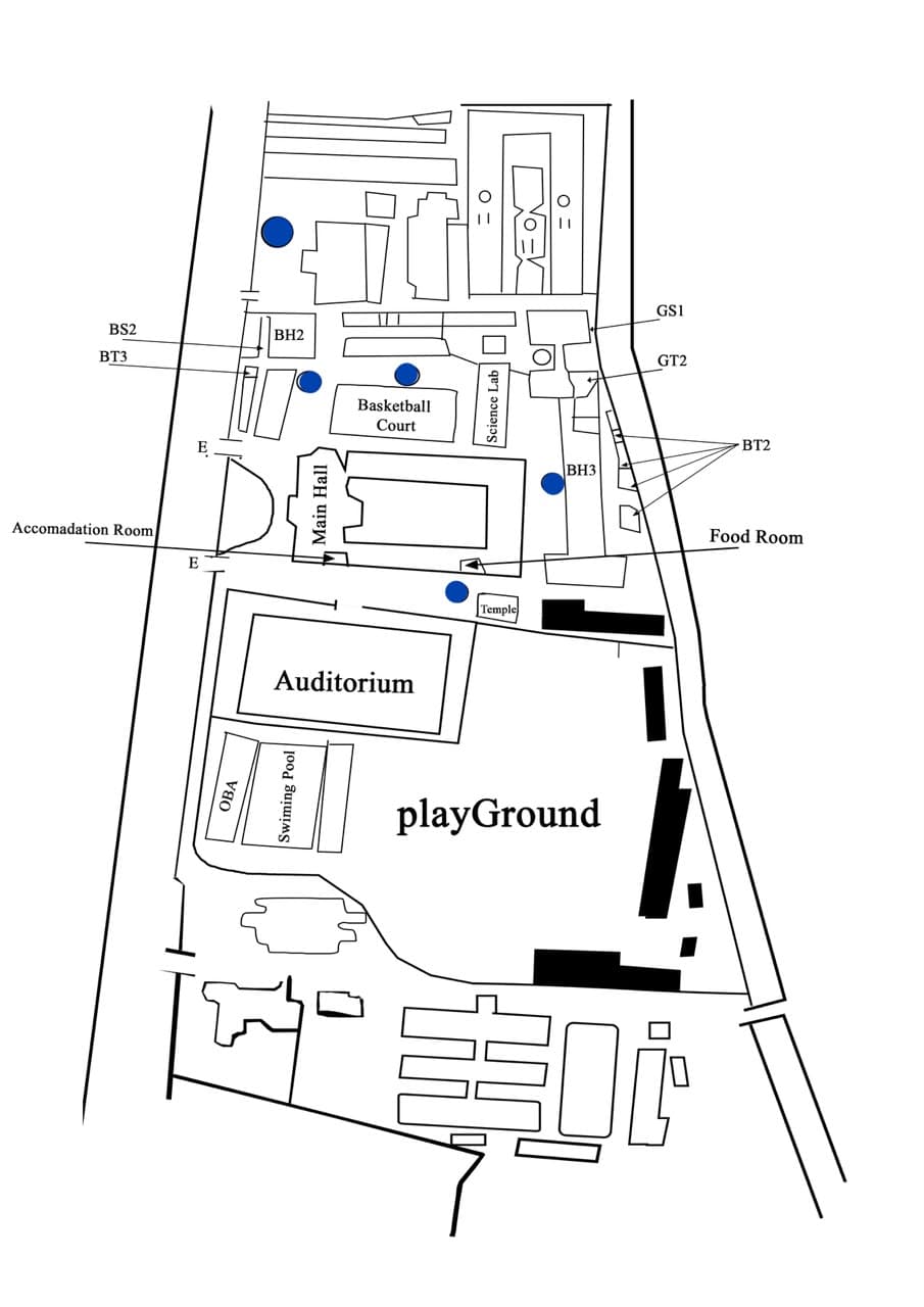 School map showing the main hall, auditorium, playground, basketball court, swimming pool, temple, science lab, food room, and surrounding buildings