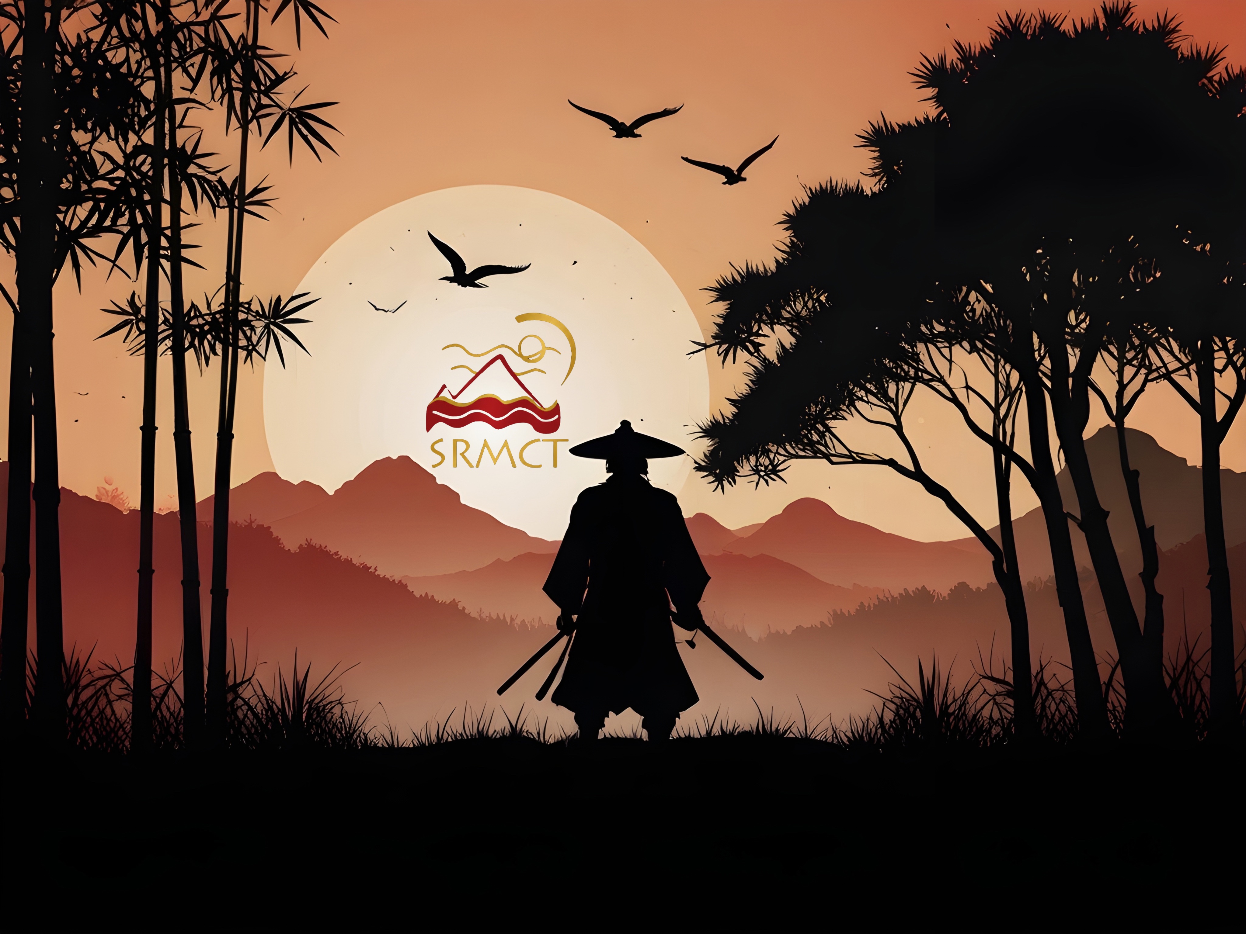 A samurai in a straw hat, swords at his side, facing the setting sun and the SRMCT emblem between bamboo and mountains